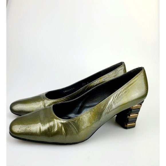STUART WEITZMAN Olive Green Patent Leather Pump Heels 7.5 Block Heel Pointed Toe - Picture 1 of 13